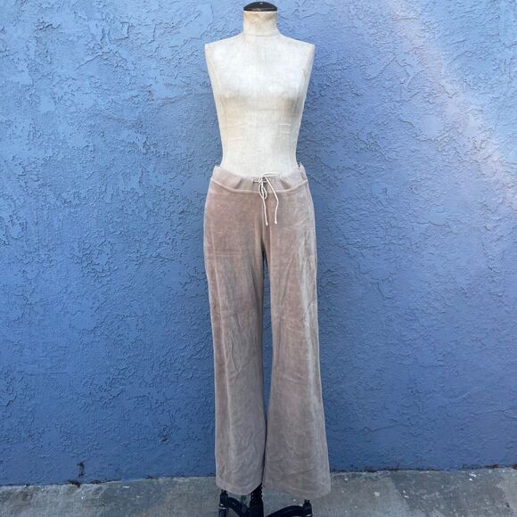 Y2k Velour Track Pants Beige Size Medium 2000s Wide leg Esprit lounge wear - Picture 9 of 12